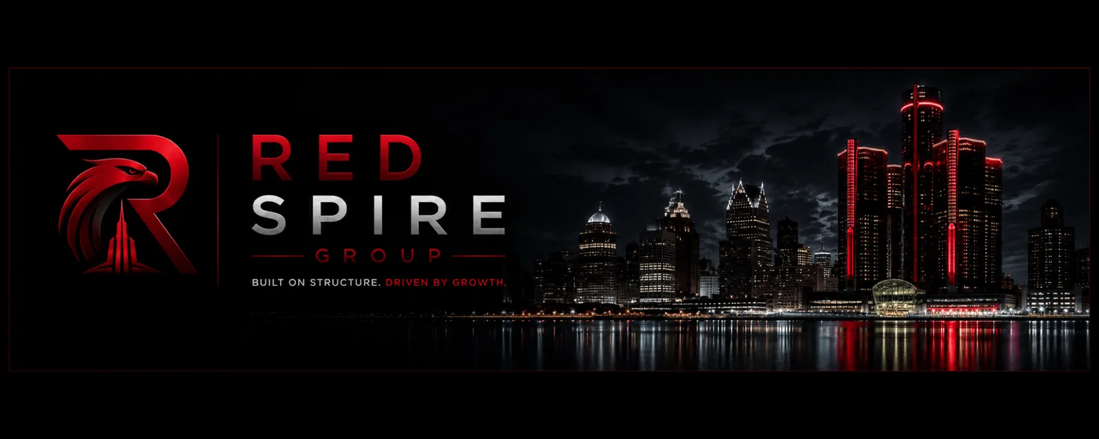 Red Spire eagle mark and red-lit city skyline at night